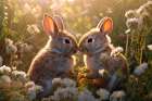 Two rabbits backlit amid flowers. AI Generated. Art Print
